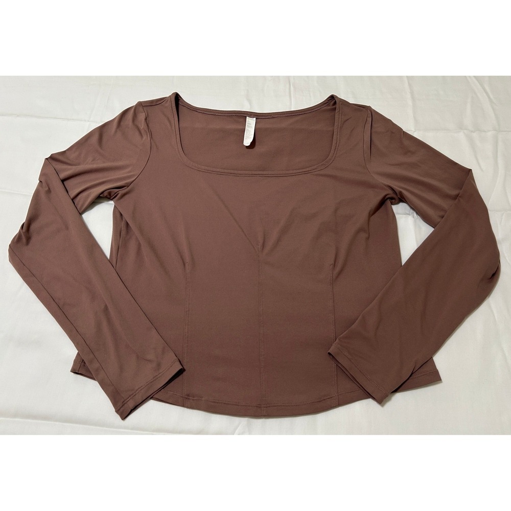 Zella Womens Brown Square Neck Long Sleeve Activewear Top Seamed Stretchy Size L